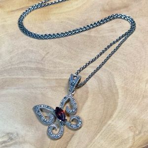Vintage Sterling Silver Butterfly Necklace with Garnet and Marcasite